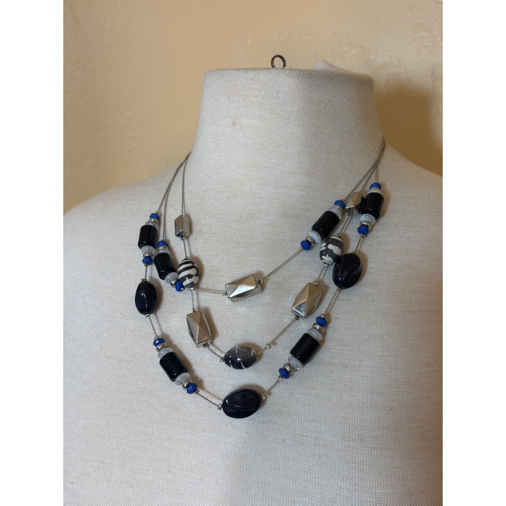 NY New York & Company‎ Black Silver Blue Multi Strand Layered Bead Necklace